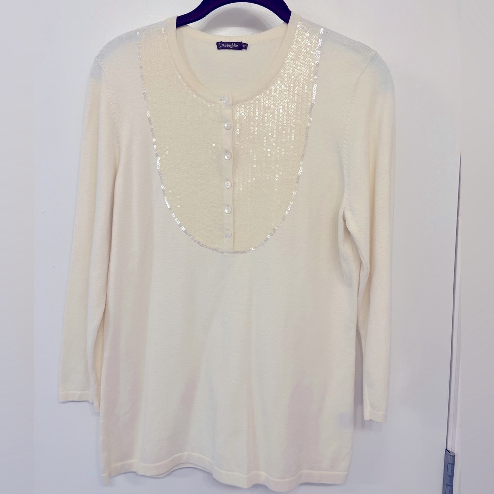 J. McLaughlin cream cashmere sweater with sequins size medium